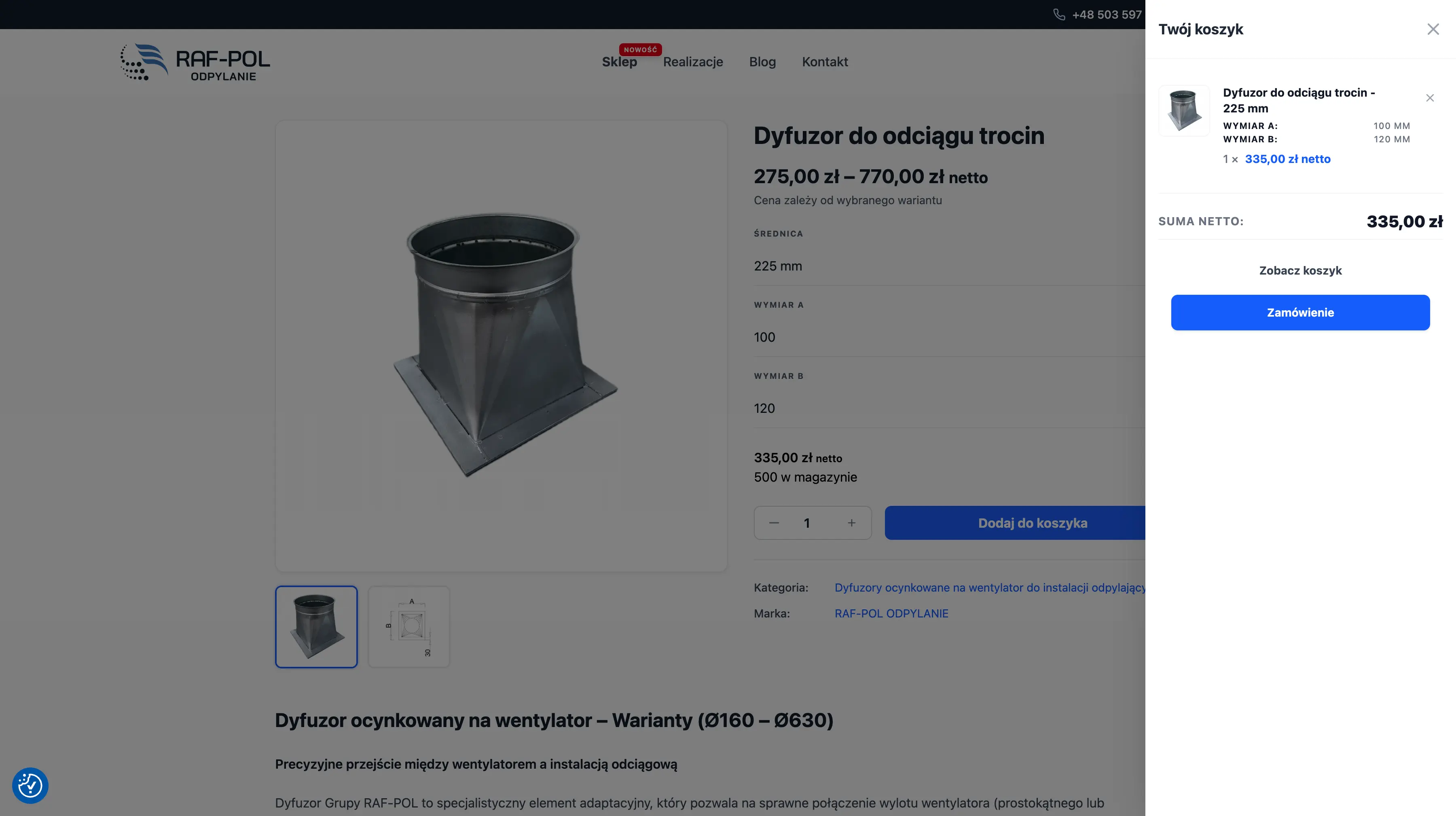 Strona produktu z otwartym koszykiem