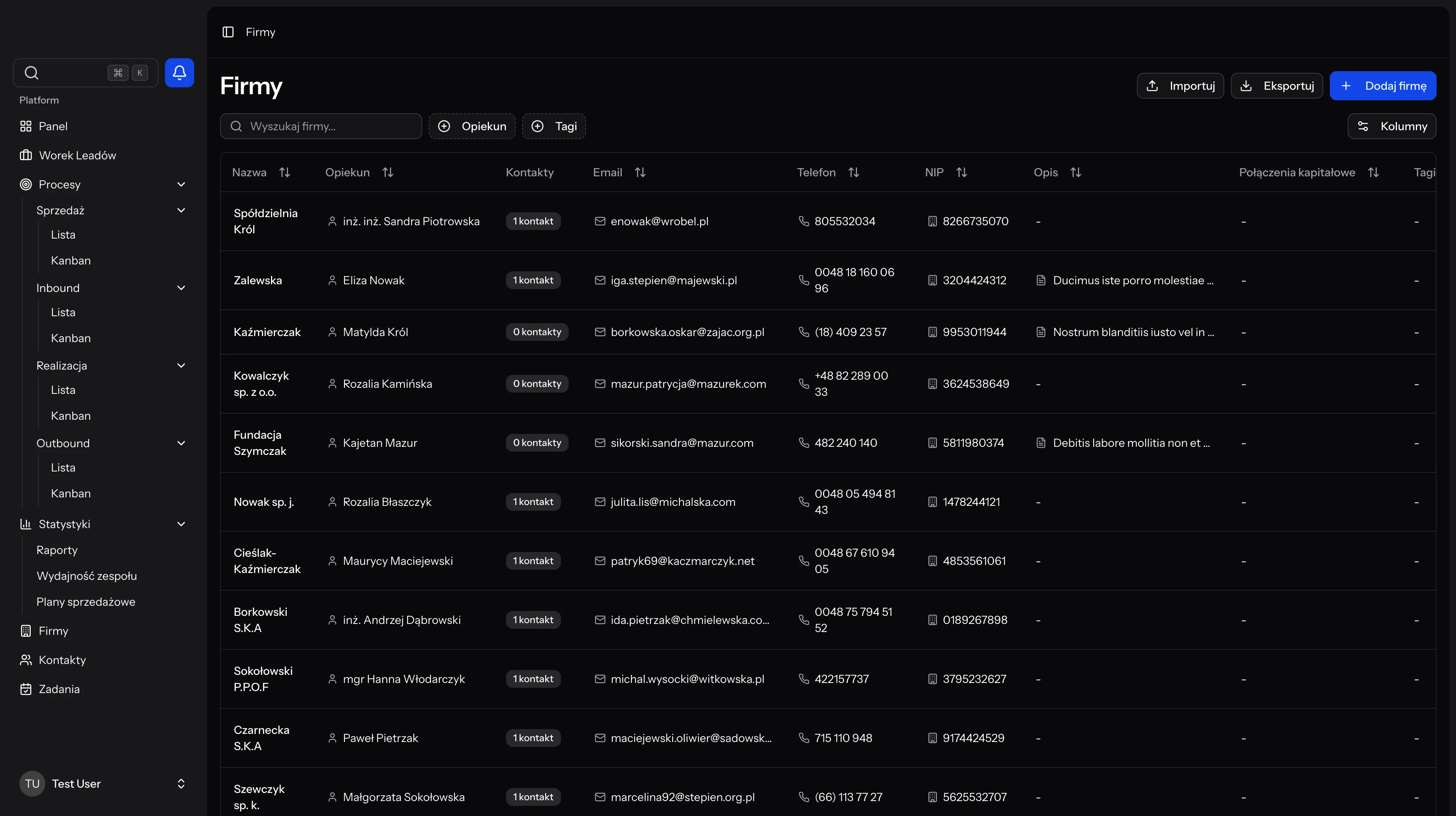 Karta firmy z historią aktywności