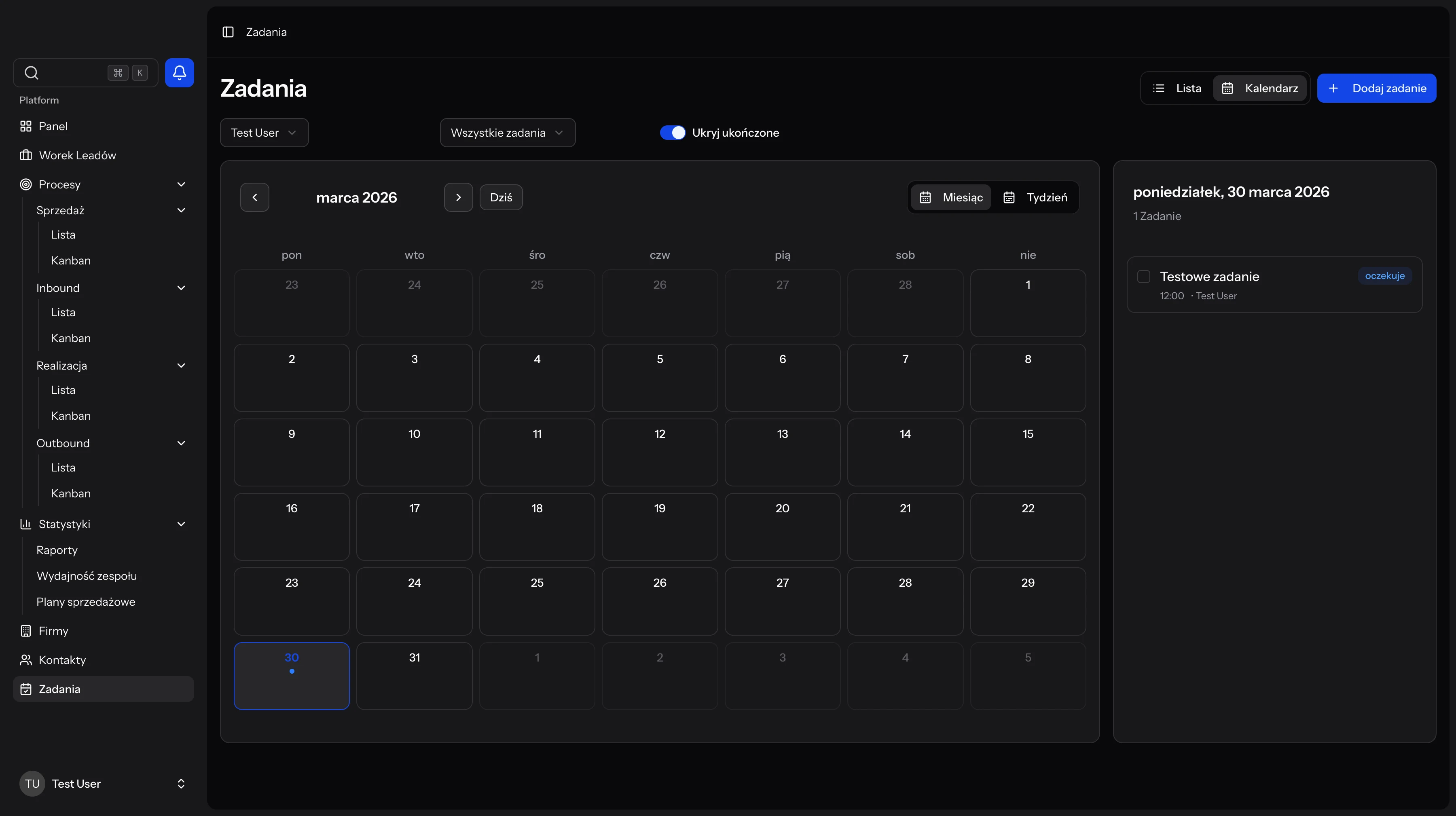 Widok kalendarza z zadaniami