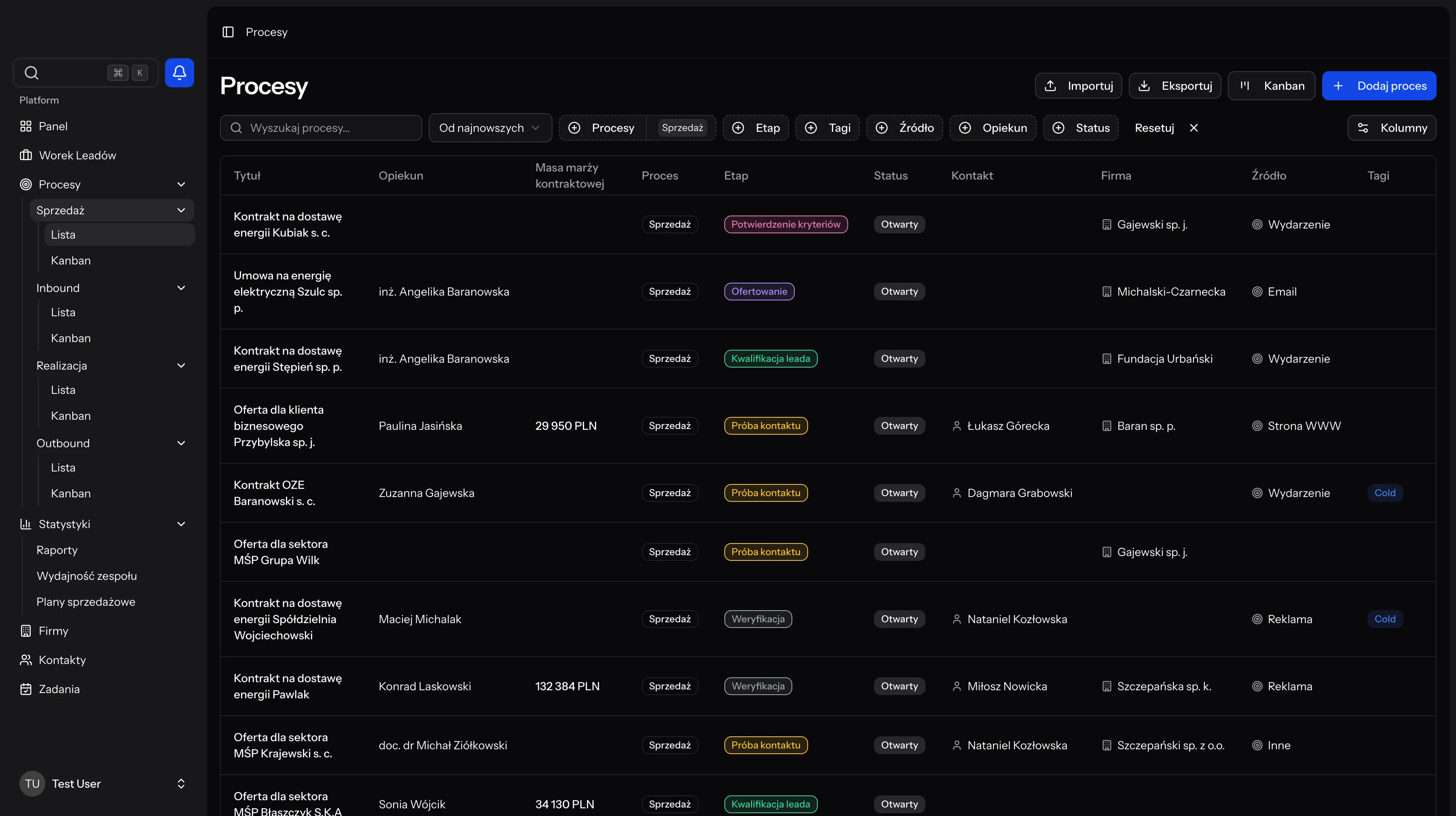 Lista ofert z filtrami i statusami